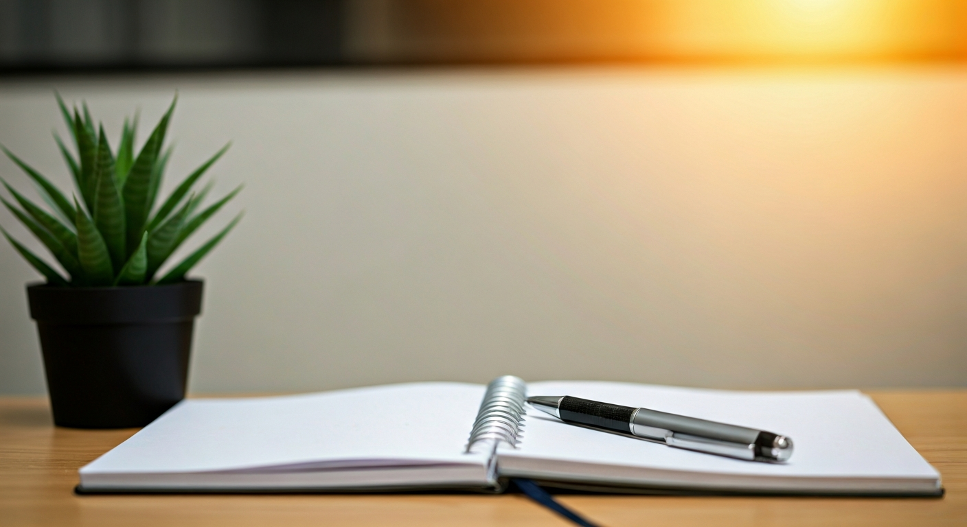 Reception desk with notebook, pen and a small plant, soft lighting, representing a welcoming and organized contact point for visitors and learners