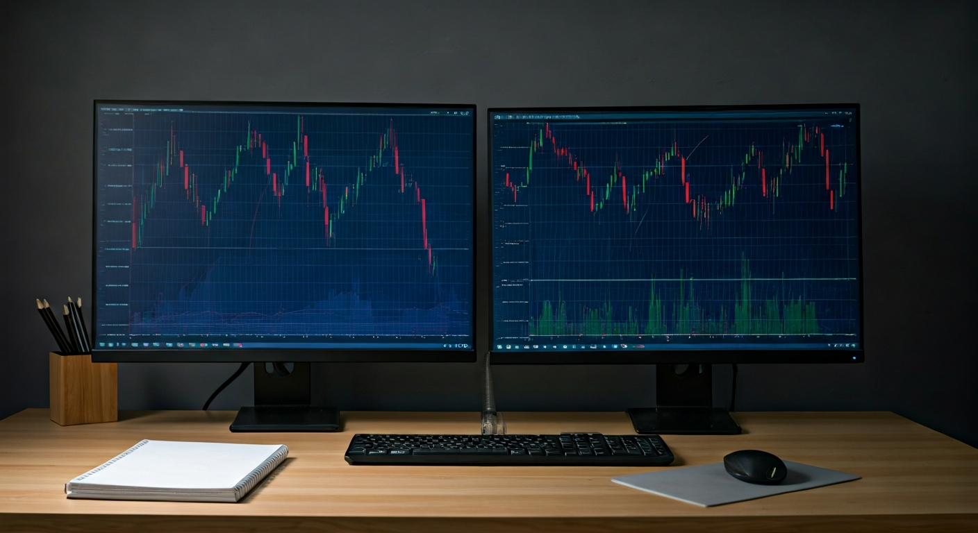 Professional workstation with trading charts on multiple monitors, neutral lighting, notebook and pen on desk, suggesting focused online learning in a calm office environment