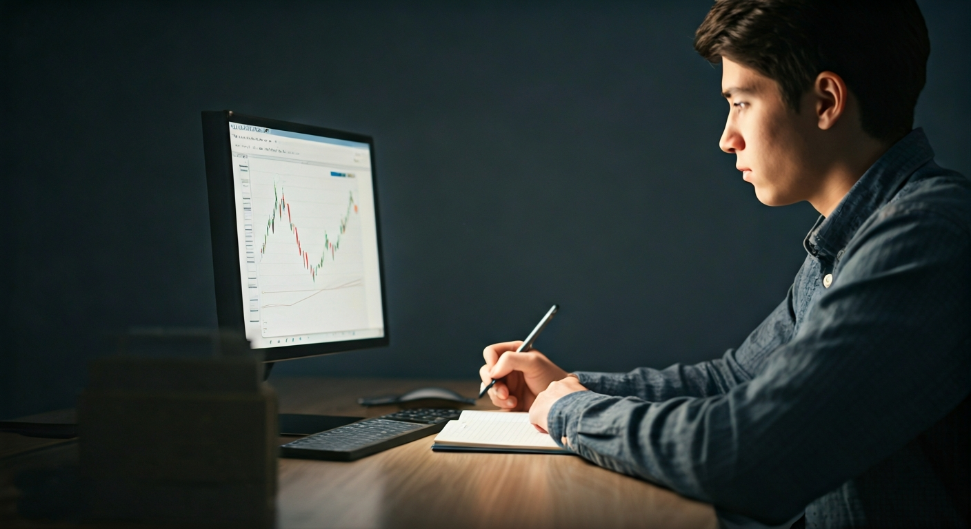 Student reviewing trading notes beside a screen with a stable chart, calm setting and focused posture, representing realistic learning outcomes and skill building without exaggerated promises