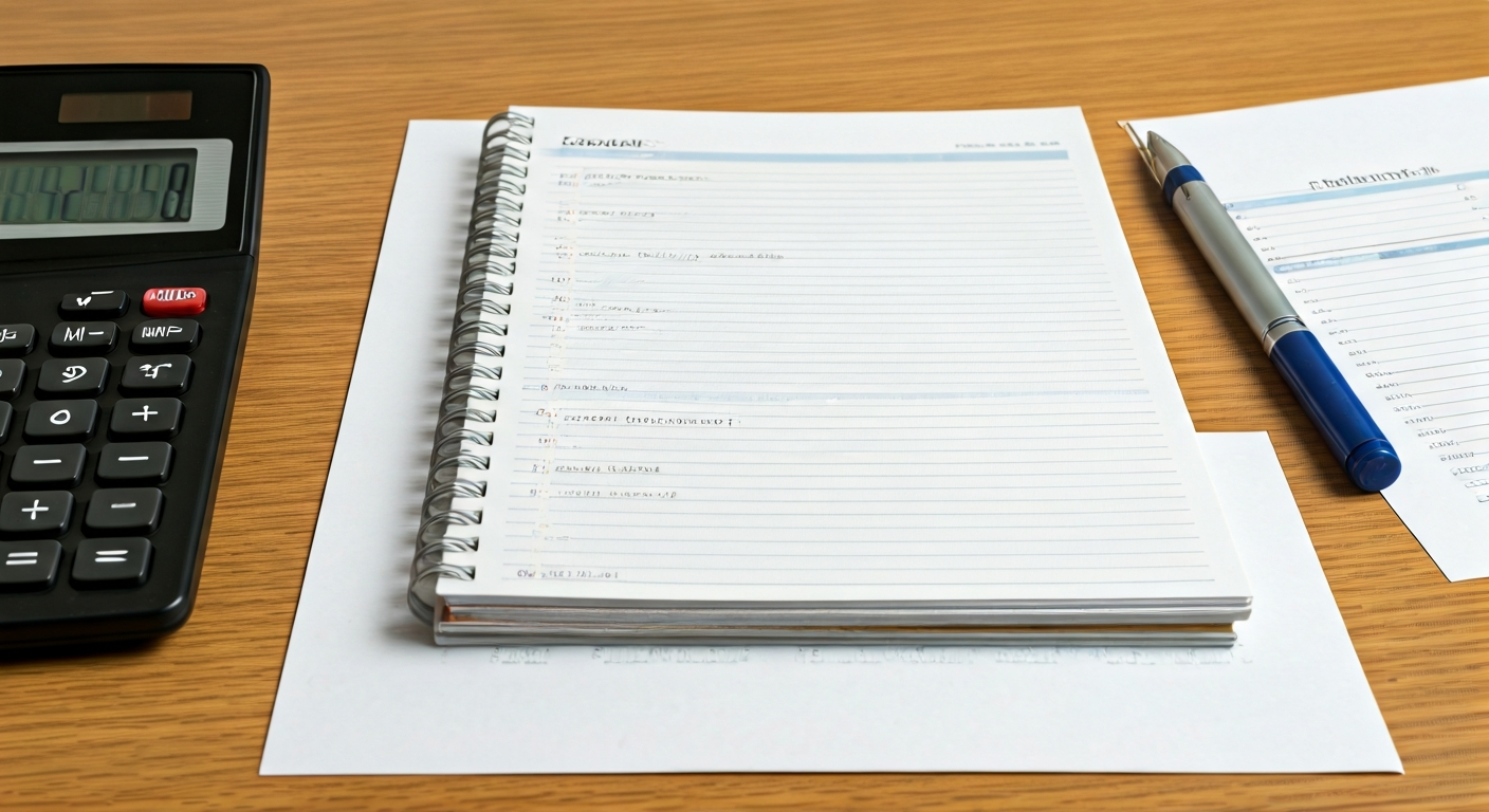 Notebook with structured trading checklist, calculator and chart printouts on desk, conveying practical study tools for risk management and routine planning